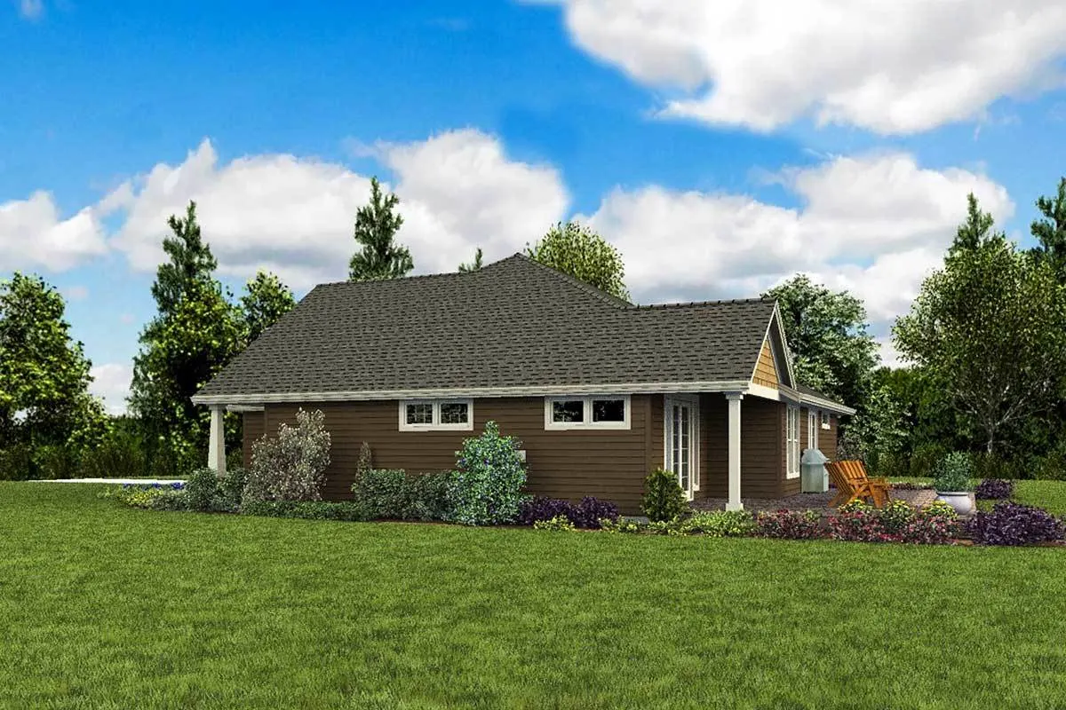 House's right side features a gorgeous roof and a picturesque vista.