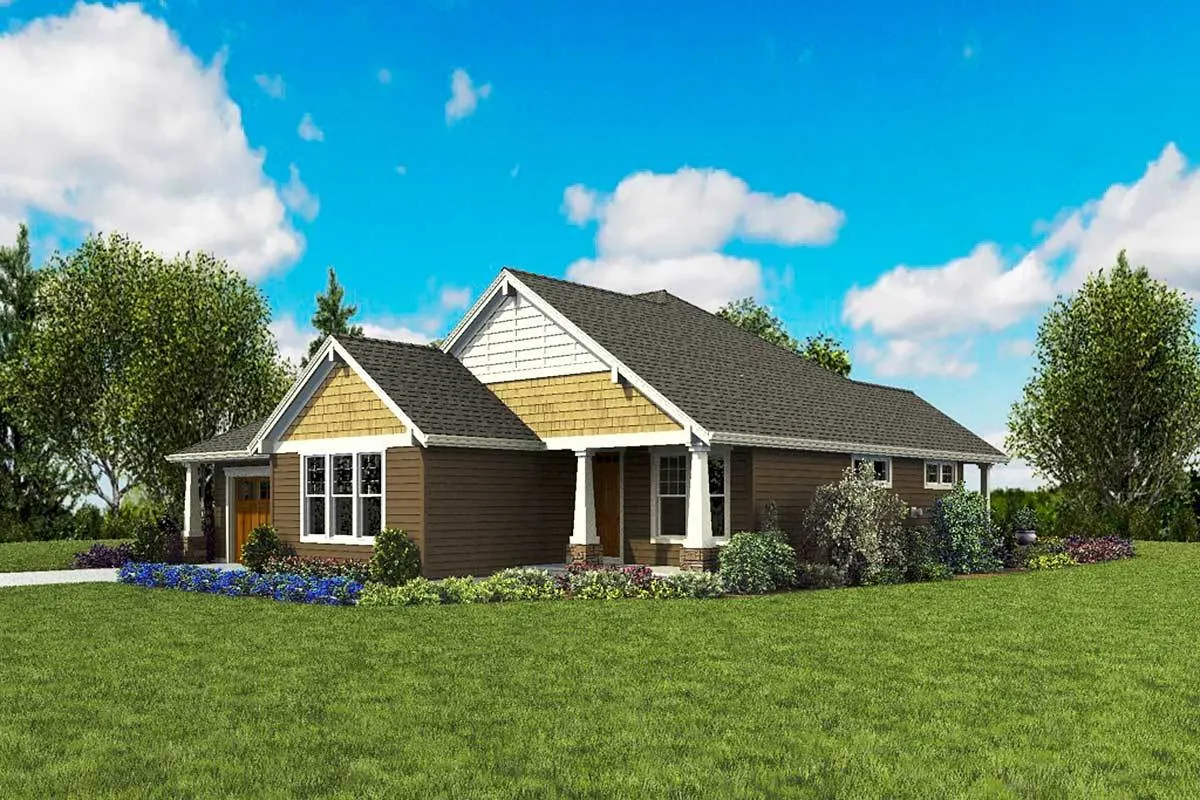 View from a distance of the house in a peaceful setting with large trees in the backyard.