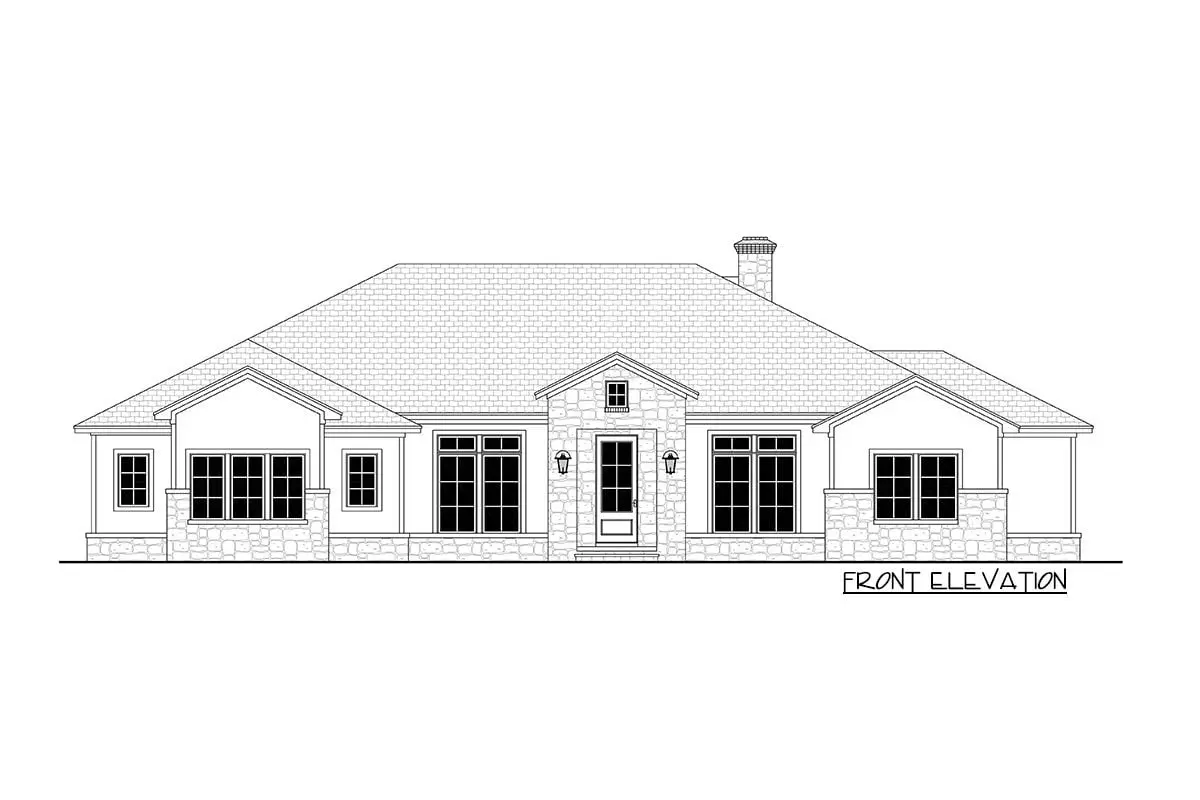 Front elevation sketch of the single-story 4-bedroom Texas-style ranch home.