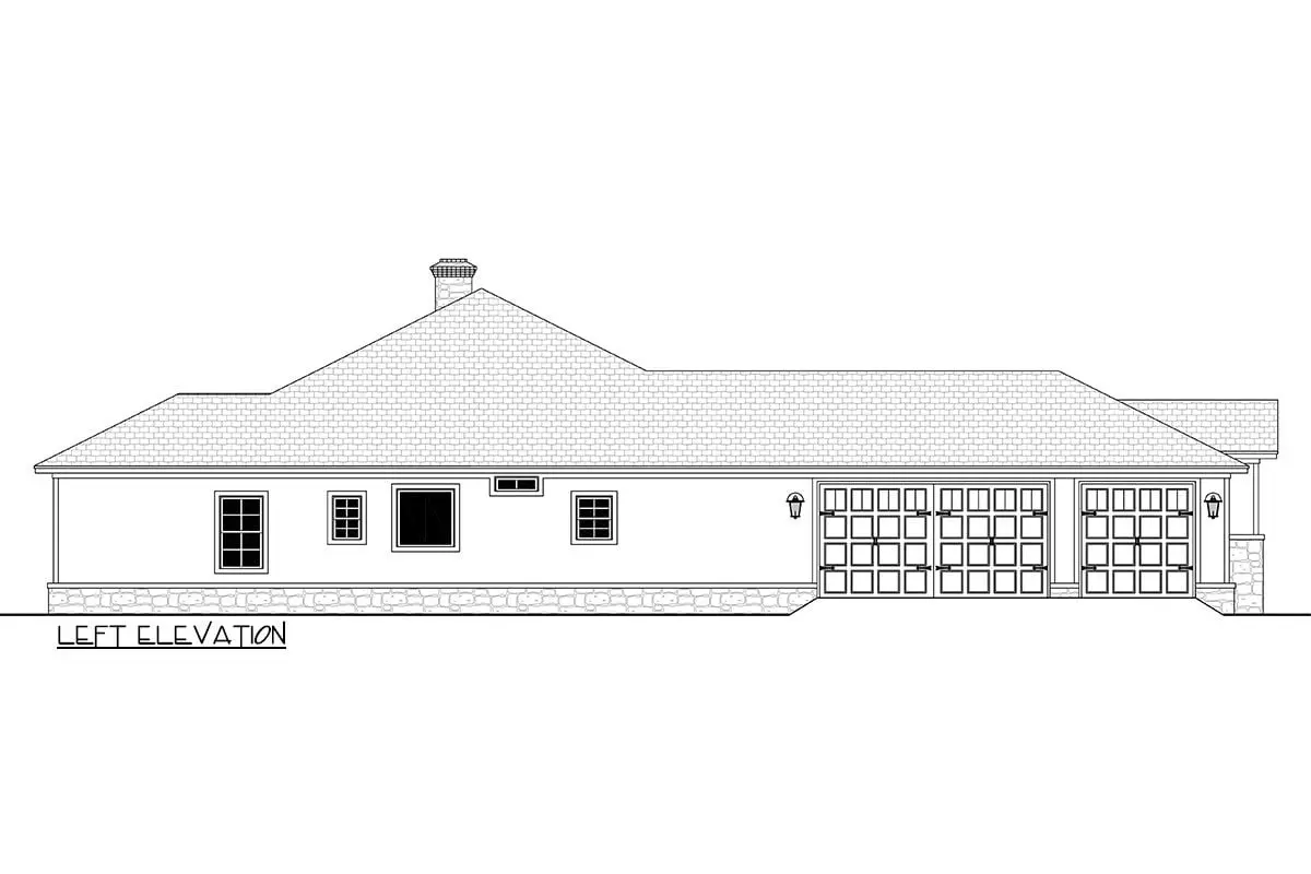 Left elevation sketch of the single-story 4-bedroom Texas-style ranch home.