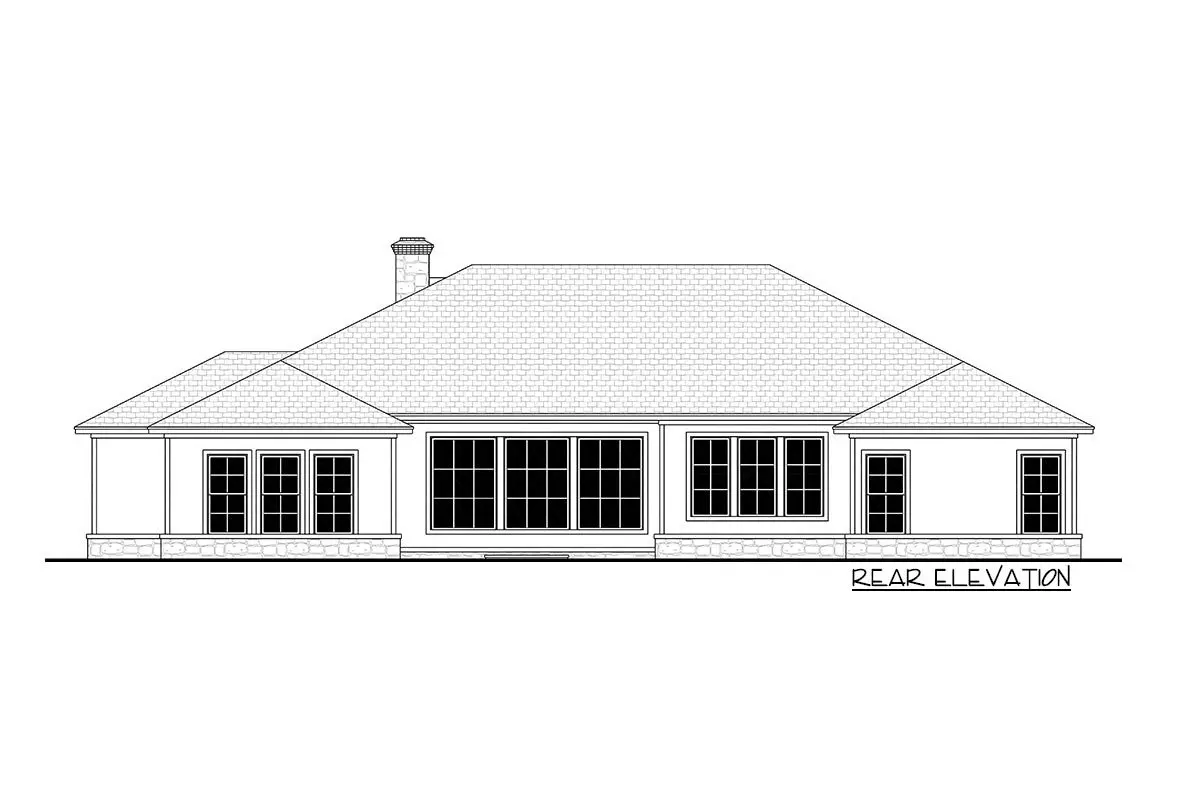 Rear elevation sketch of the single-story 4-bedroom Texas-style ranch home.