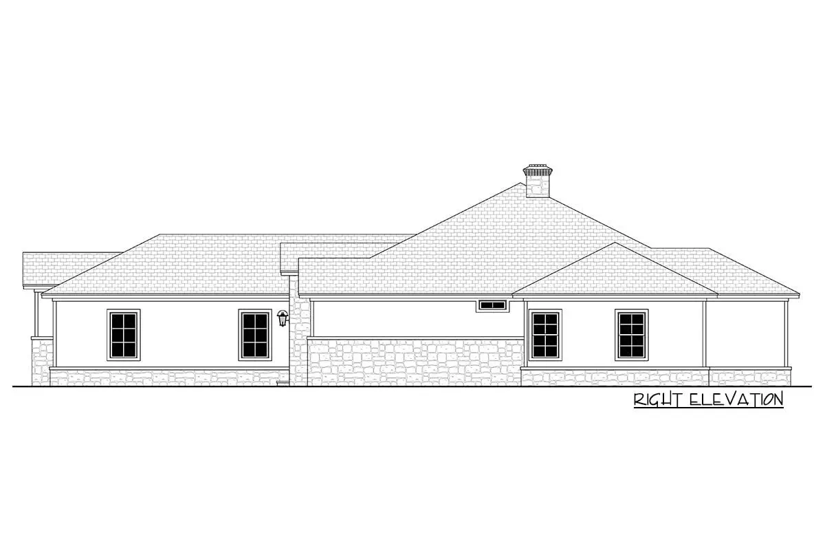 Right elevation sketch of the single-story 4-bedroom Texas-style ranch home.