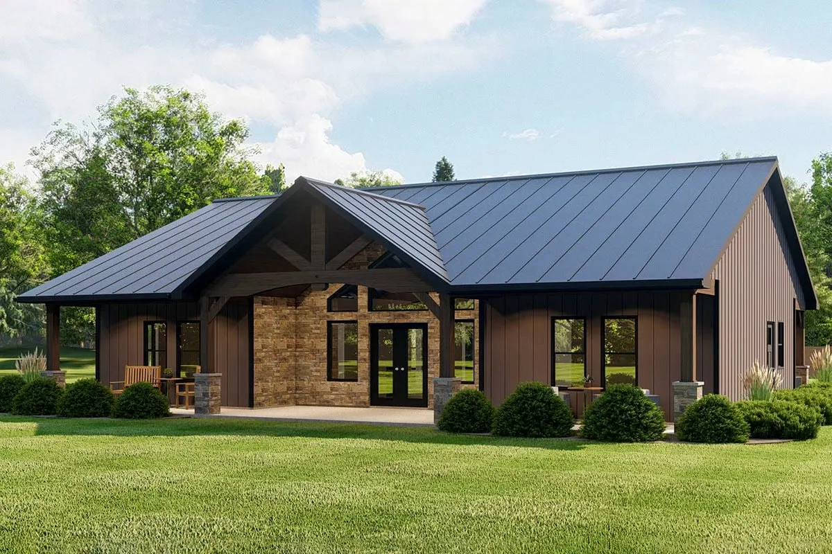 The front entry is built with stone bricks and has a beautiful wood siding exterior.