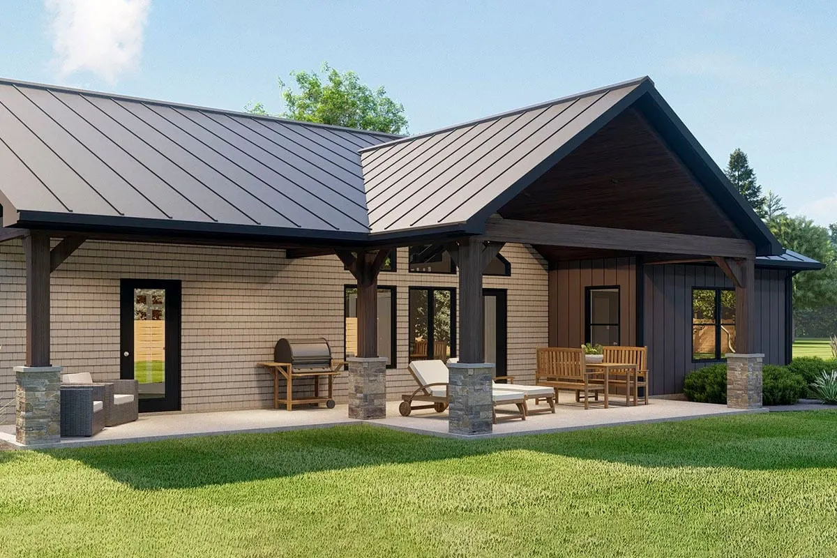 Rear porch covered area with great door and window layout.