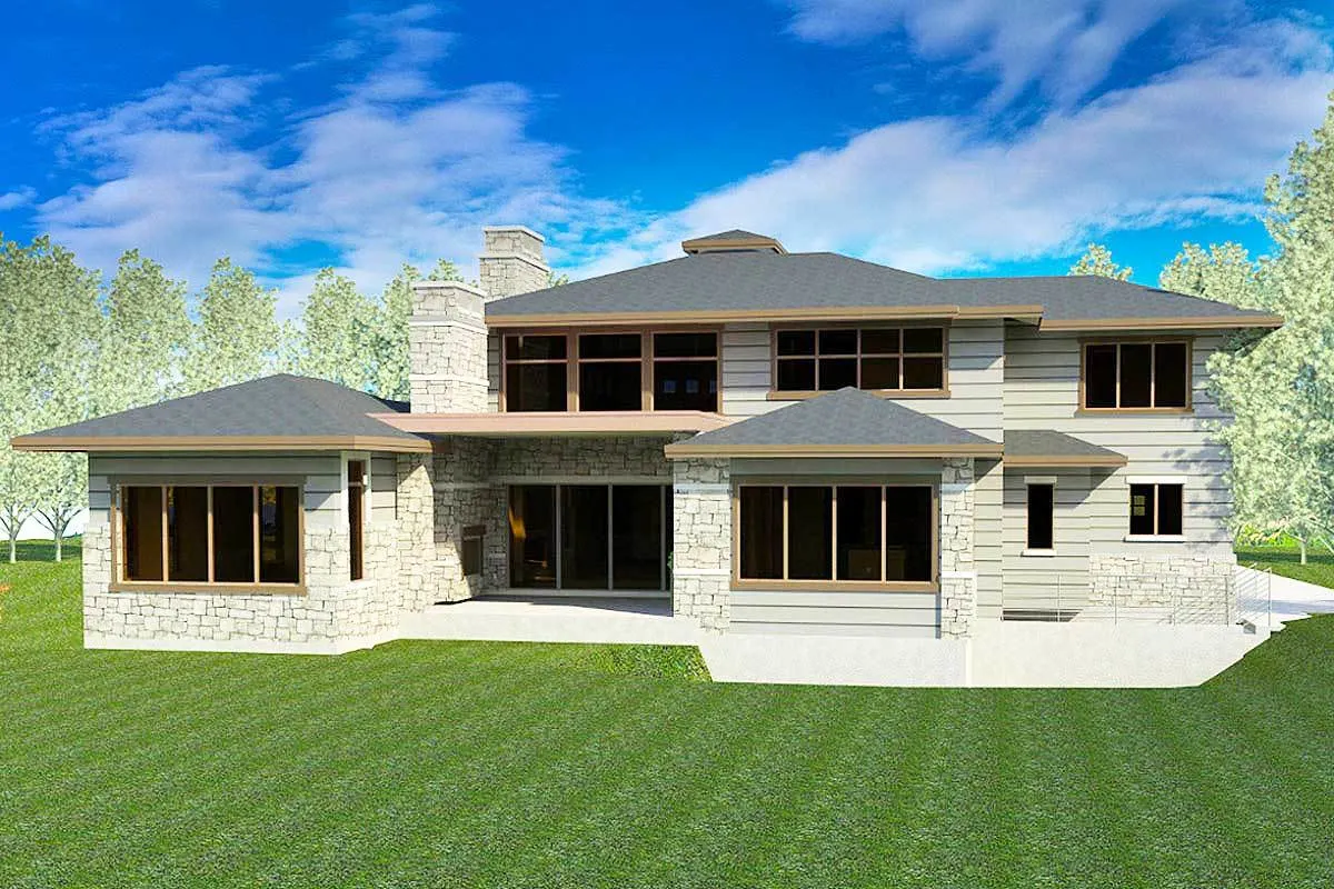 Sketch of the two-story, seven-bedroom, luxury modern home's rear elevation.