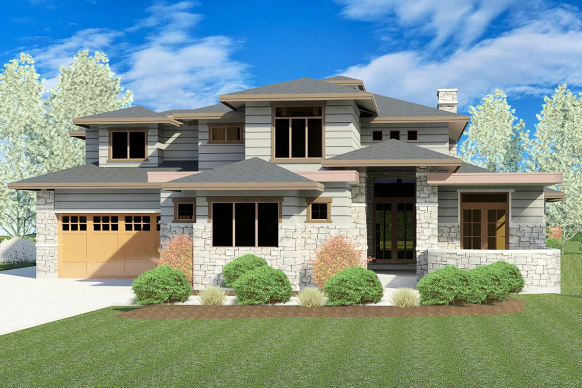 Sketch of the two-story, seven-bedroom, luxury modern home's front elevation.