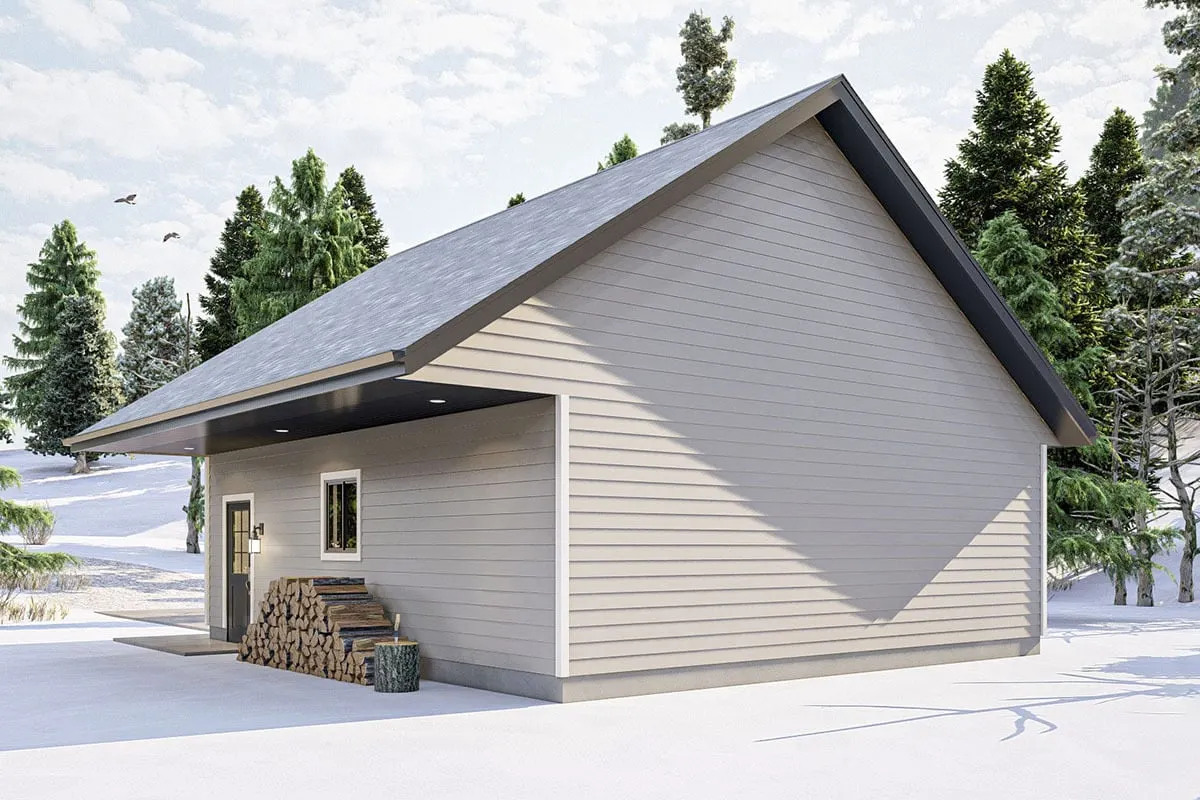 Chopped wood is next to the door in this back-right side view of the house.