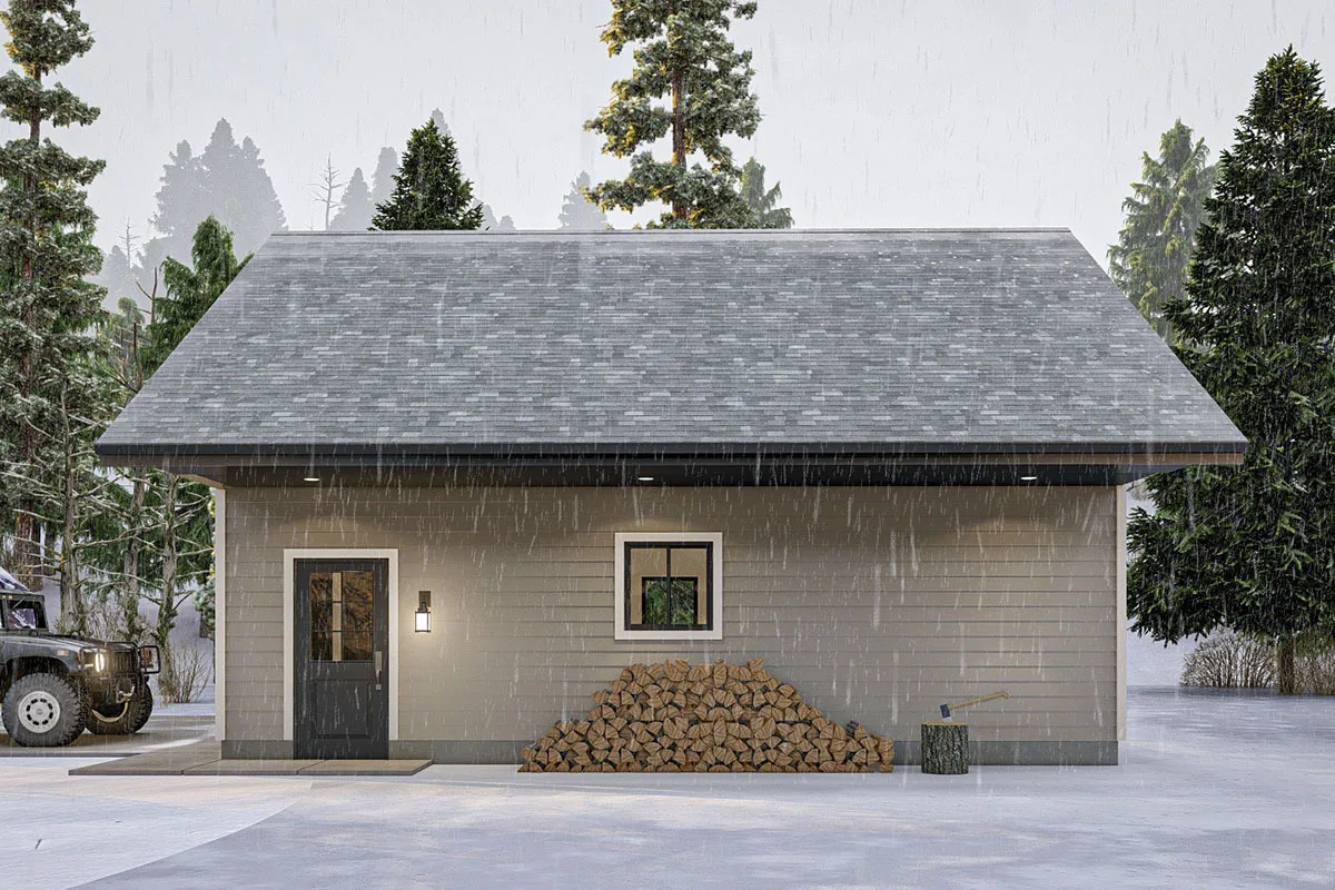 Right view of the garage with door and window in white trim color.